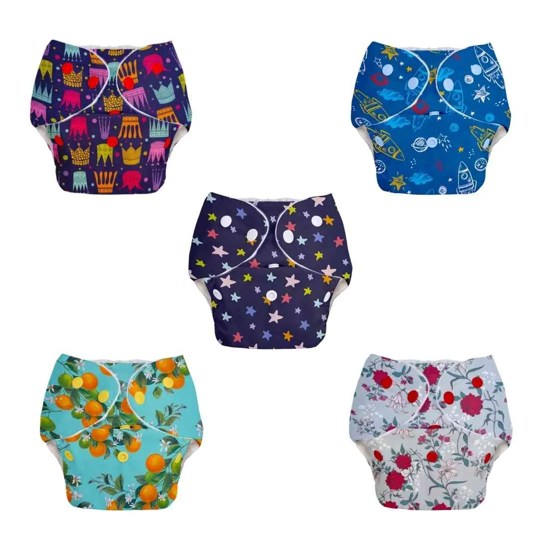 Basic Diaper Pack of 5-Assorted (with fabric pulling/gathering in the front) No Print Choice (Copy)