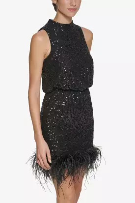 Halter Neck Feather Trim Sheath Dress