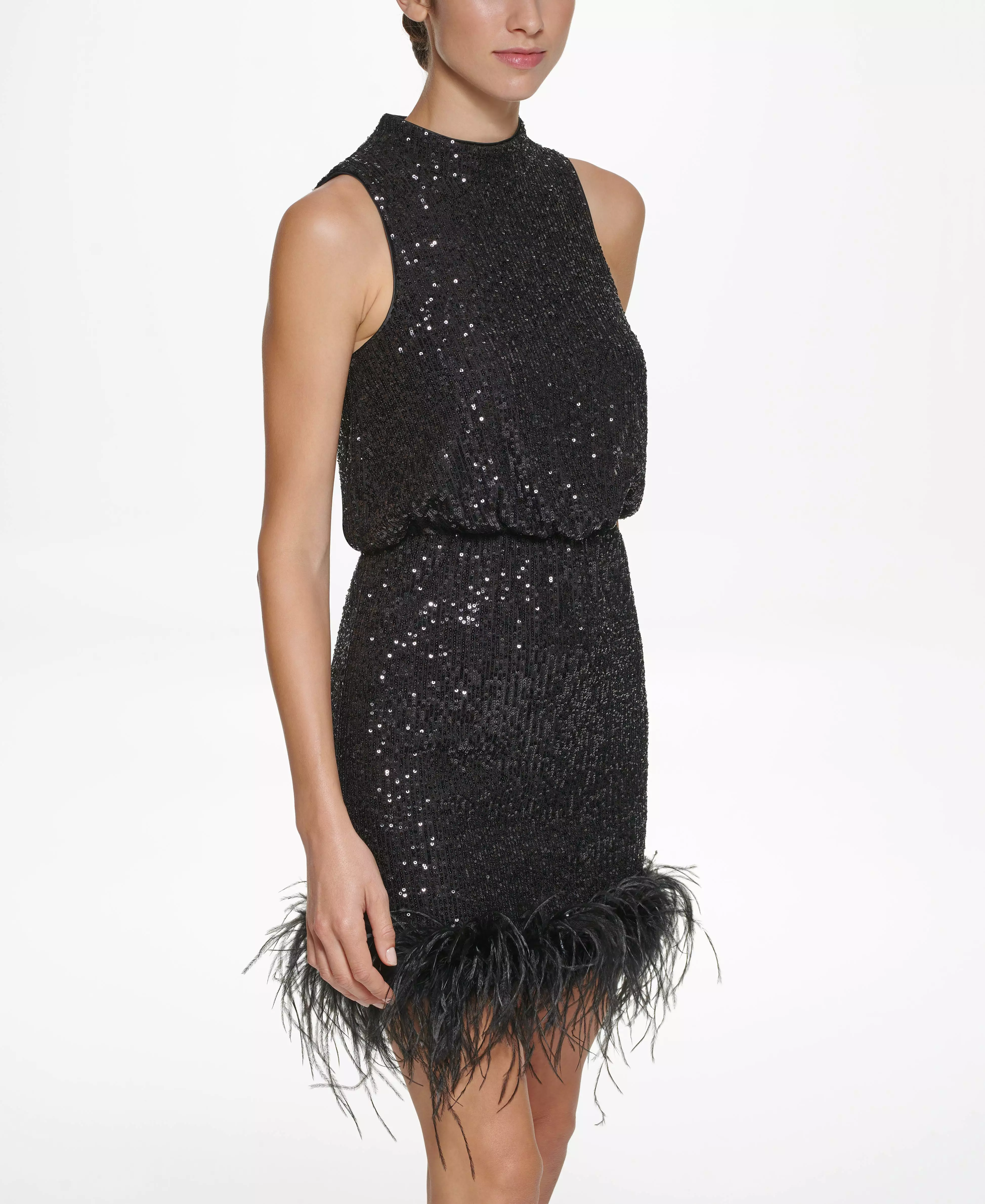 Halter Neck Feather Trim Sheath Dress