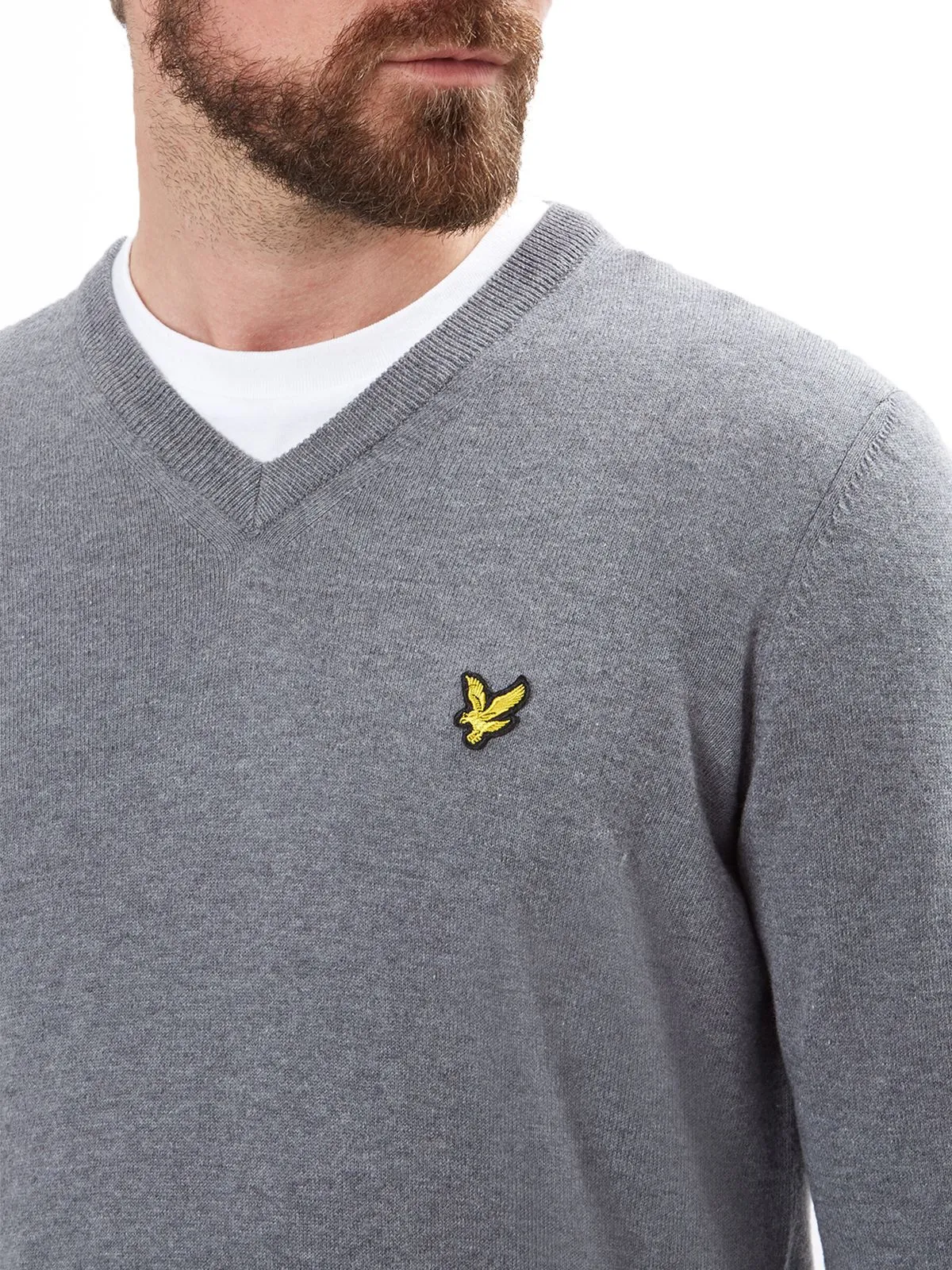 Lyle & Scott V Neck Cotton Merino Wool Jumper Mid Grey Marl