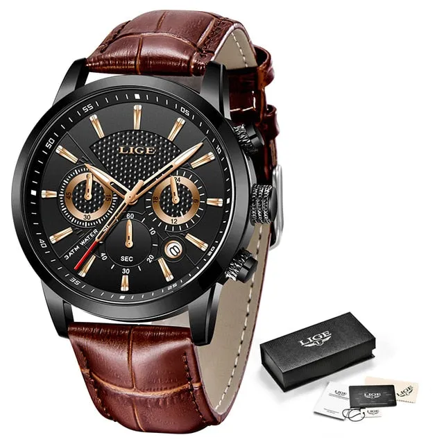 Mens Watches LIGE Top Brand Leather Chronograph Waterproof