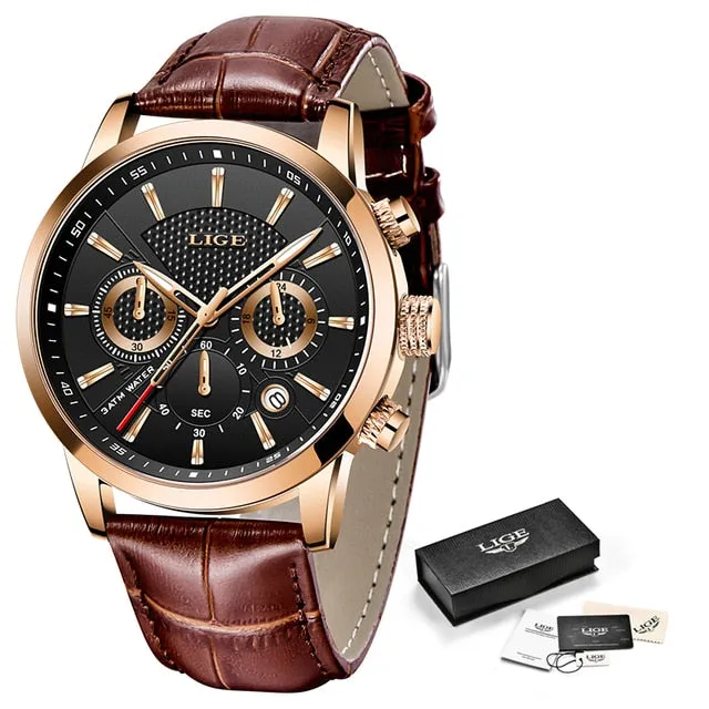 Mens Watches LIGE Top Brand Leather Chronograph Waterproof