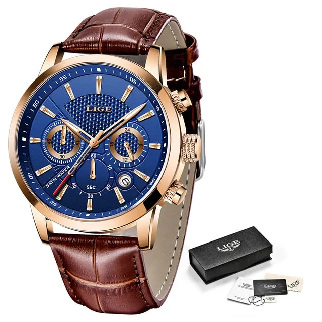 Mens Watches LIGE Top Brand Leather Chronograph Waterproof