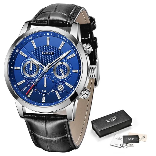 Mens Watches LIGE Top Brand Leather Chronograph Waterproof