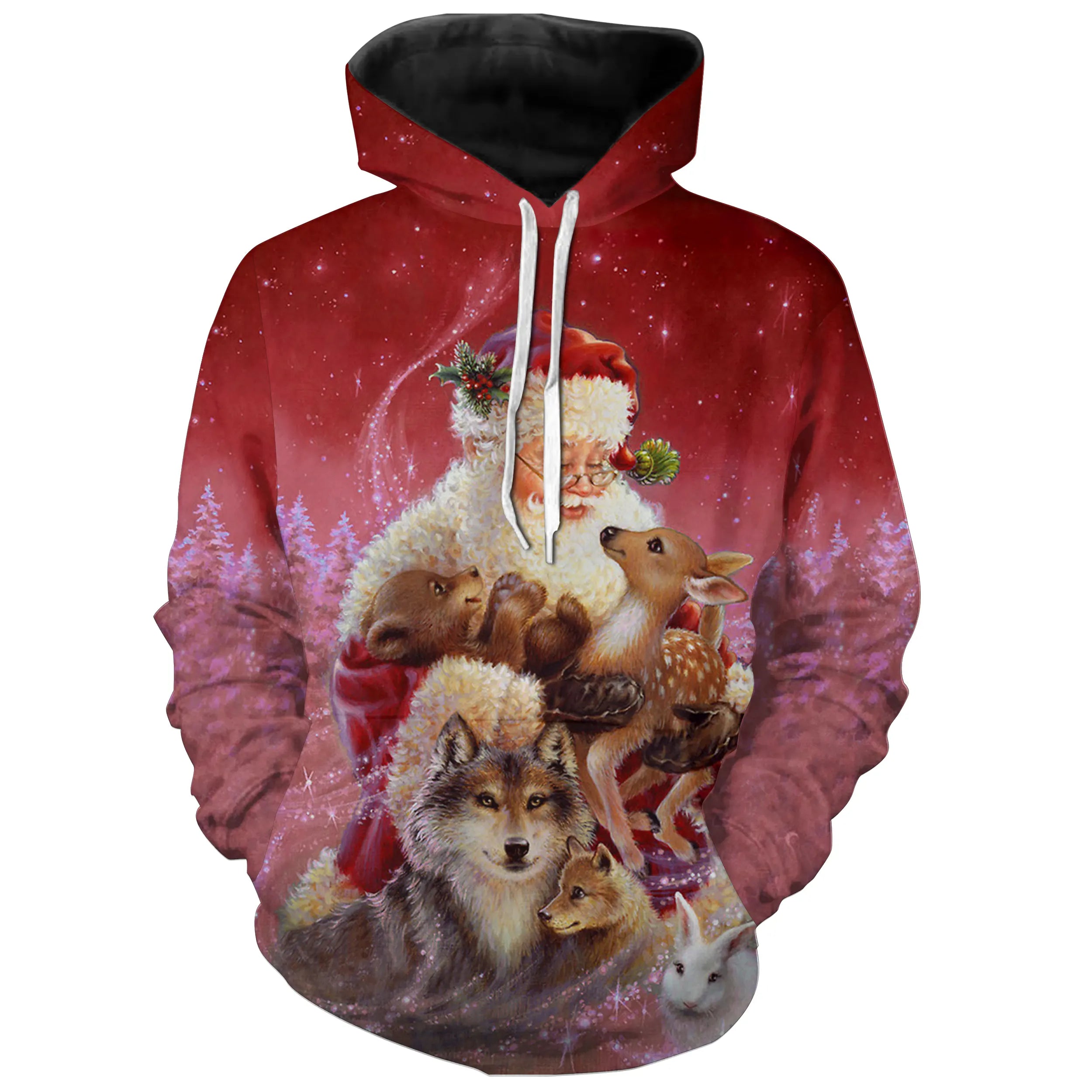 Sweat à Capuche Festif Rouge avec Père Nol et Animaux de la Forêt - Mode Hivernale Confortable - CT04112339