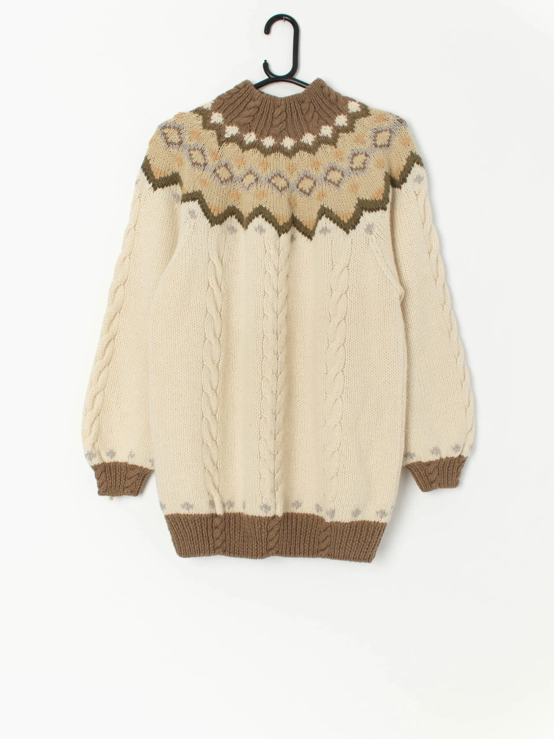 Vintage St Michael knitted wool jumper in beige with patterned yoke – Medium