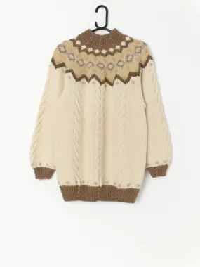 Vintage St Michael knitted wool jumper in beige with patterned yoke – Medium