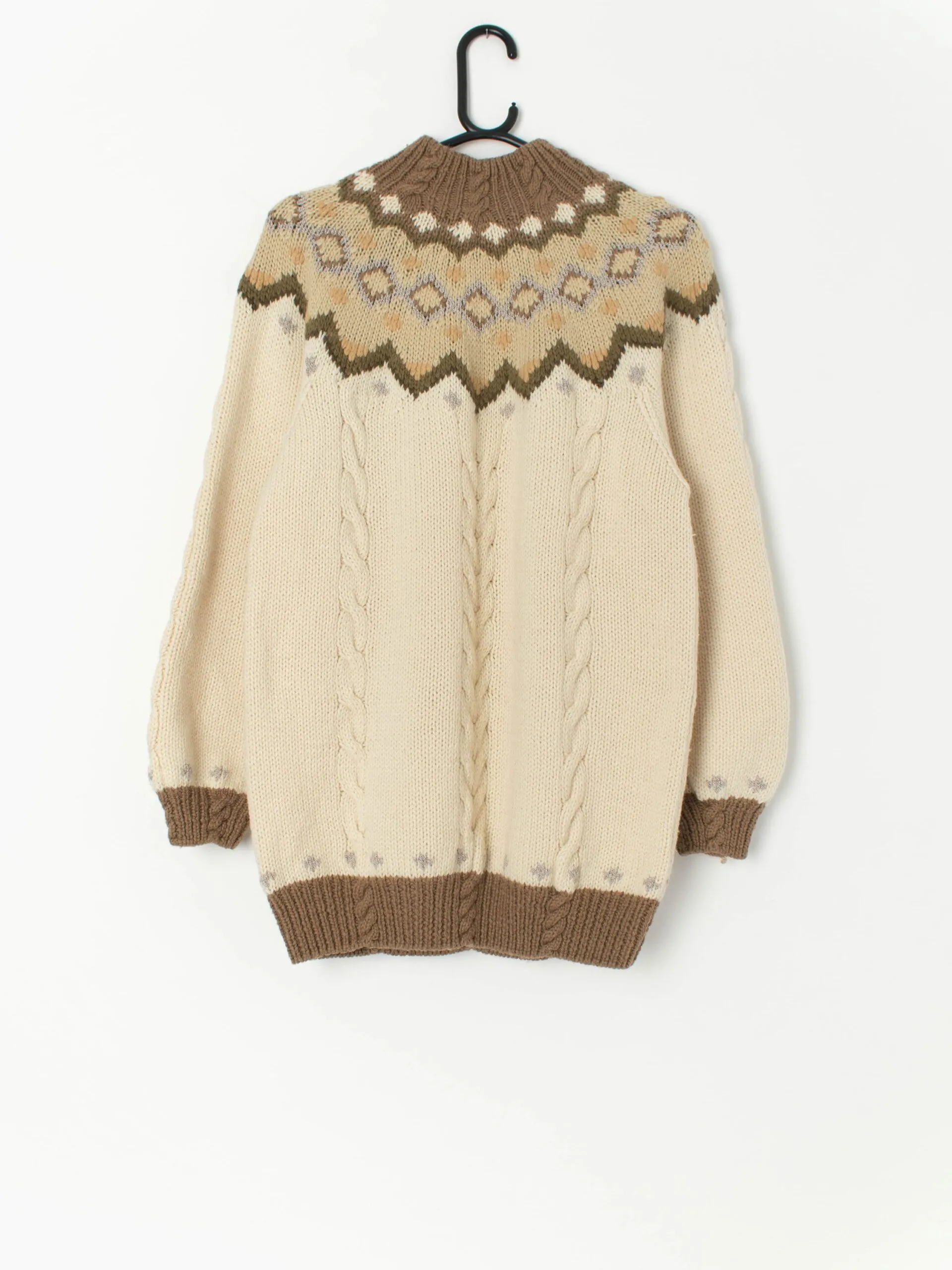 Vintage St Michael knitted wool jumper in beige with patterned yoke – Medium